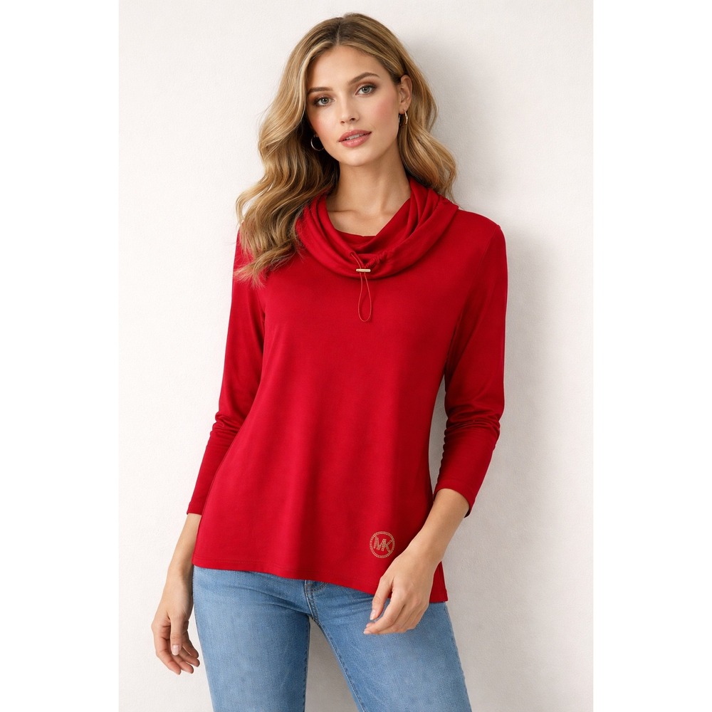 Michael Kors Red Cowl Neck Long Sleeve Top Studded MK Logo Size S